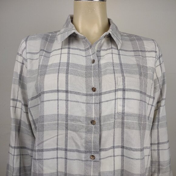 Kuhl gray plaid long sleeve cotton blend button front flannel shirt ladies Large - Picture 2 of 8